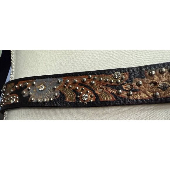 NACONA Brown Leather Belt N3464697 40-46 Inch Statement Rhinestones Hand Painted - Picture 4 of 8